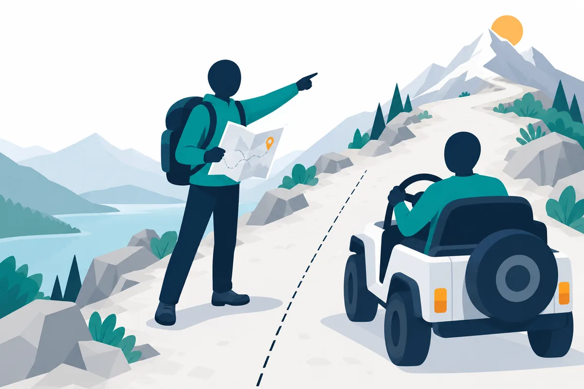 案内人が地図で方向を示し、運転は旅行者自身が行っている様子を示す図