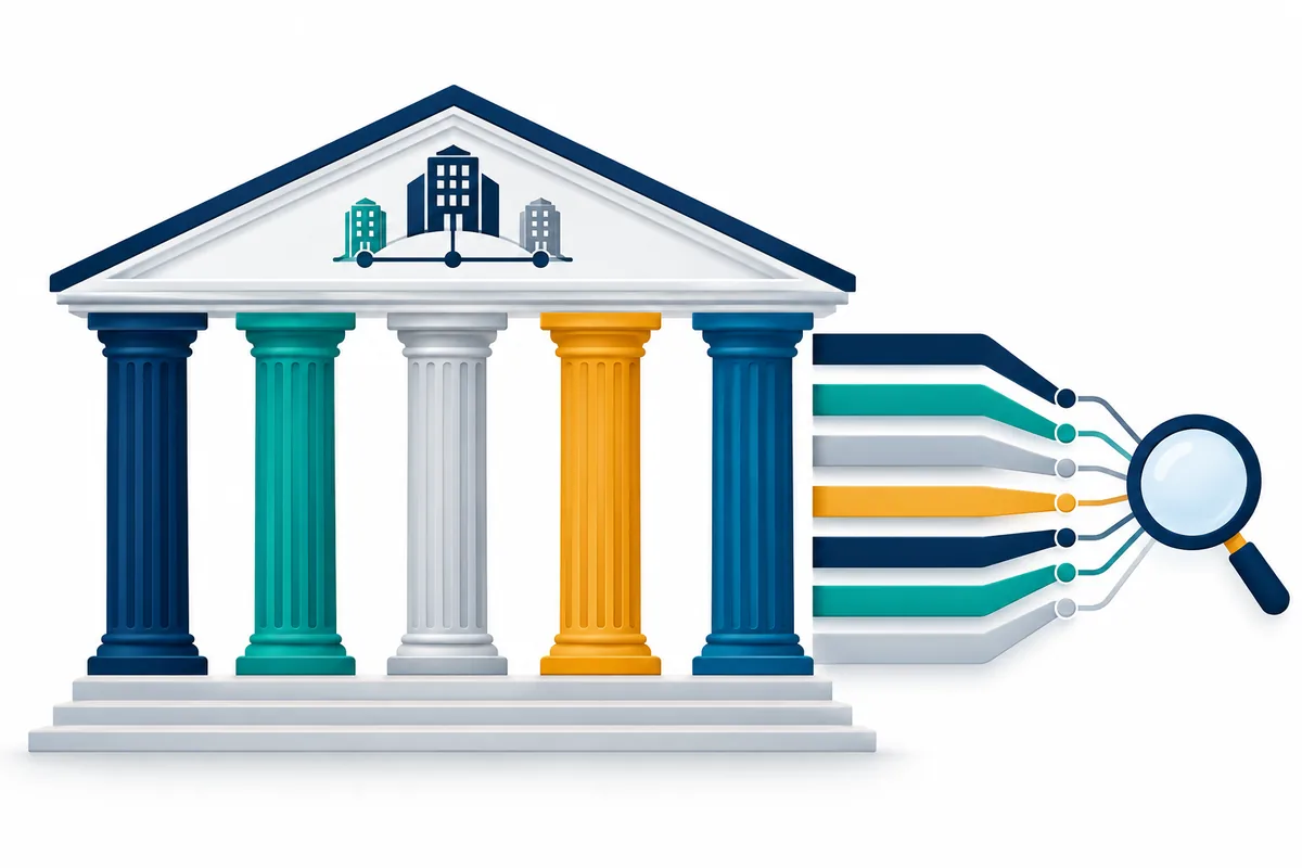 5本の柱で屋根を支え、屋根の上にグループ会社が乗り、横に7本の補強材がある建物の概念図